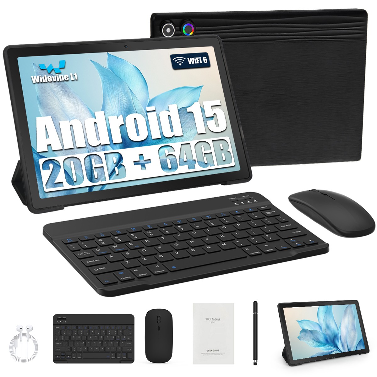 2025 Tablet 10 Inch Android 15, 20GB RAM 64GB ROM 1280×800 IPS w Keyboard/Mouse