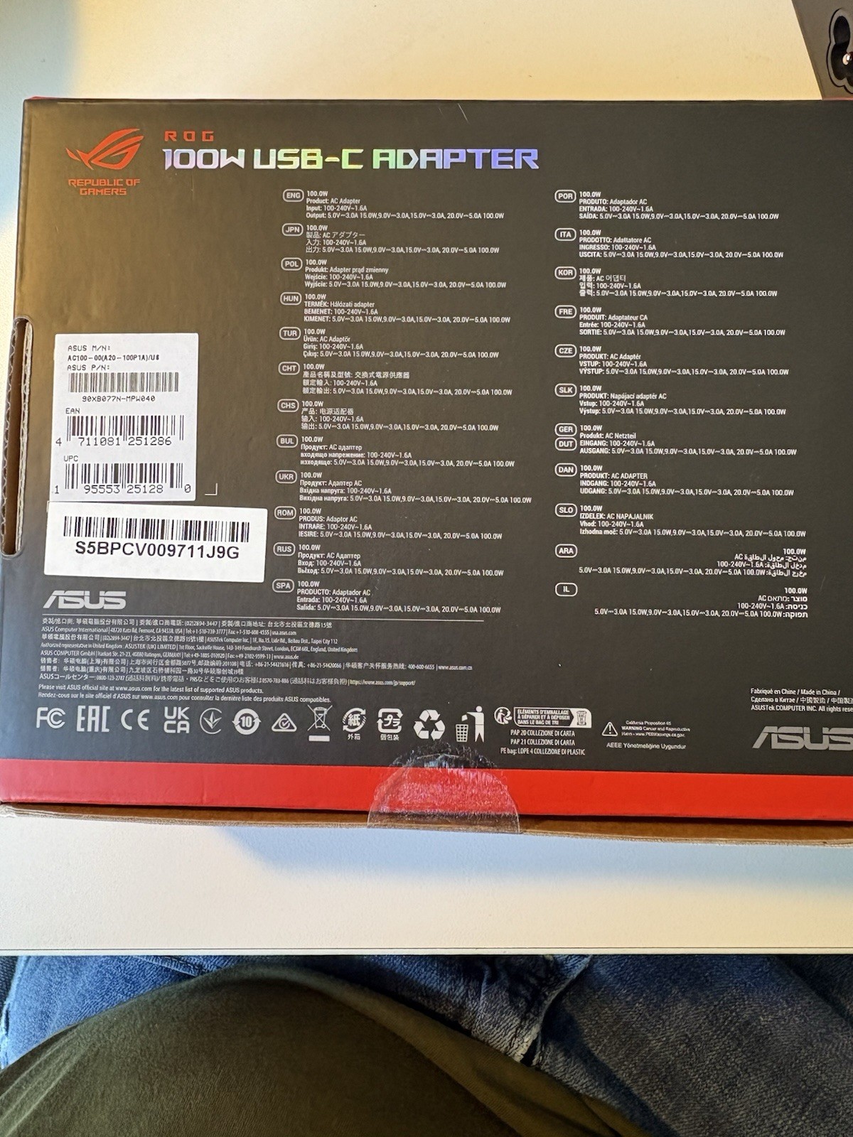 ASUS ROG 100W USB-C Power Adapter A20-100P1A 5/9/15/20V 5A Black