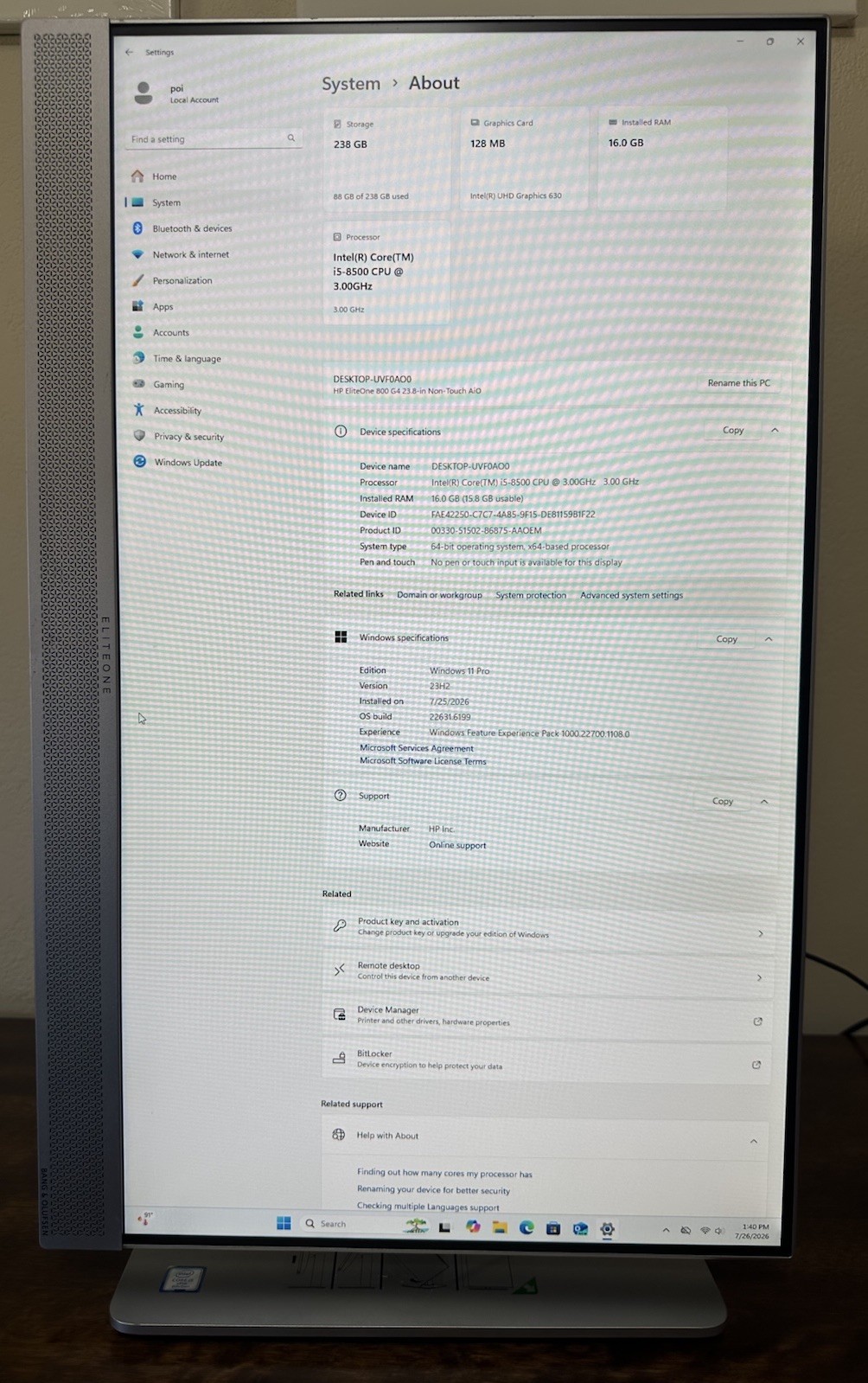 HP ELITEONE 800 G4 23.8″ AIO INTEL CORE I5-8500 3GHZ 16G 256GB M2 Windows 11 Pro