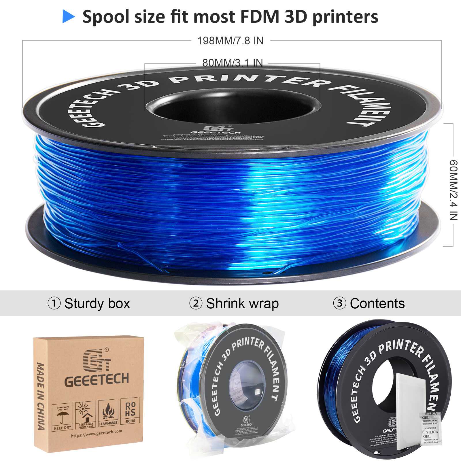 1kg/Roll GEEETECH TPU Filament Flexible Transparent 1.75mm For 3D Printer 95A US