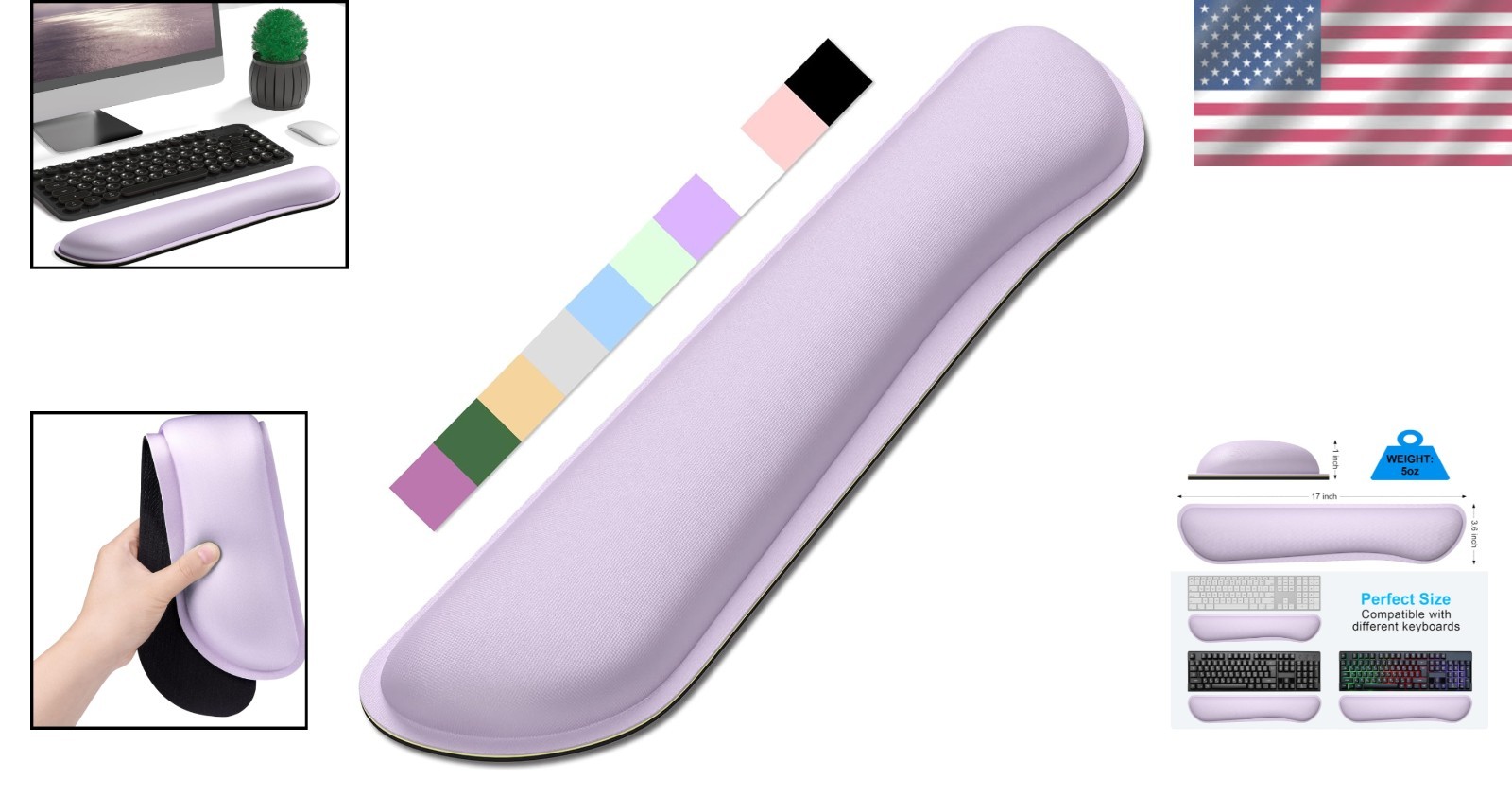 Non-Slip Ergonomic Wrist Support Cushion -Memory Foam 17×3.6in for Typing Relief