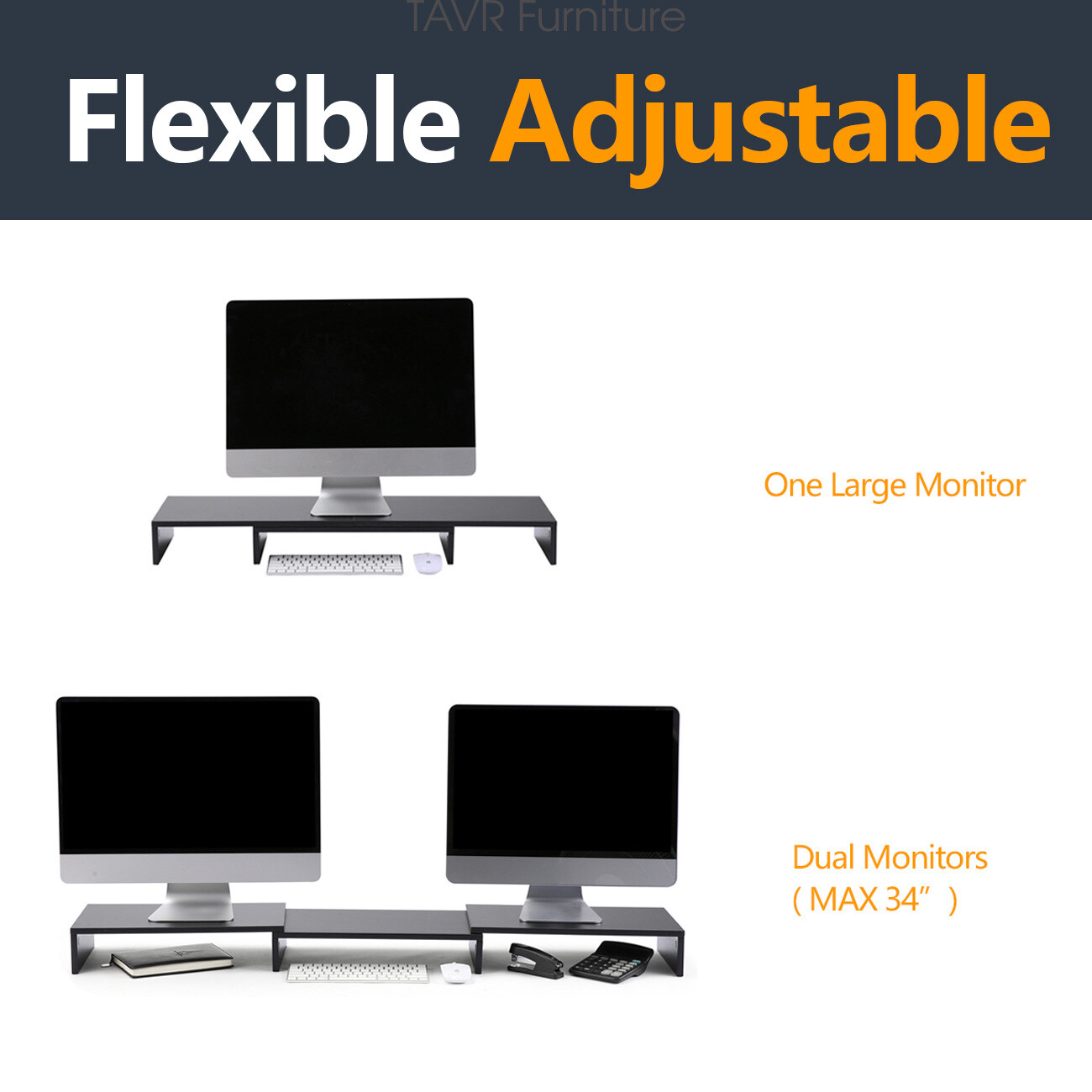 Wood Dual Monitor Stand Risers with Length and Angle Adjustable 3 Shelf