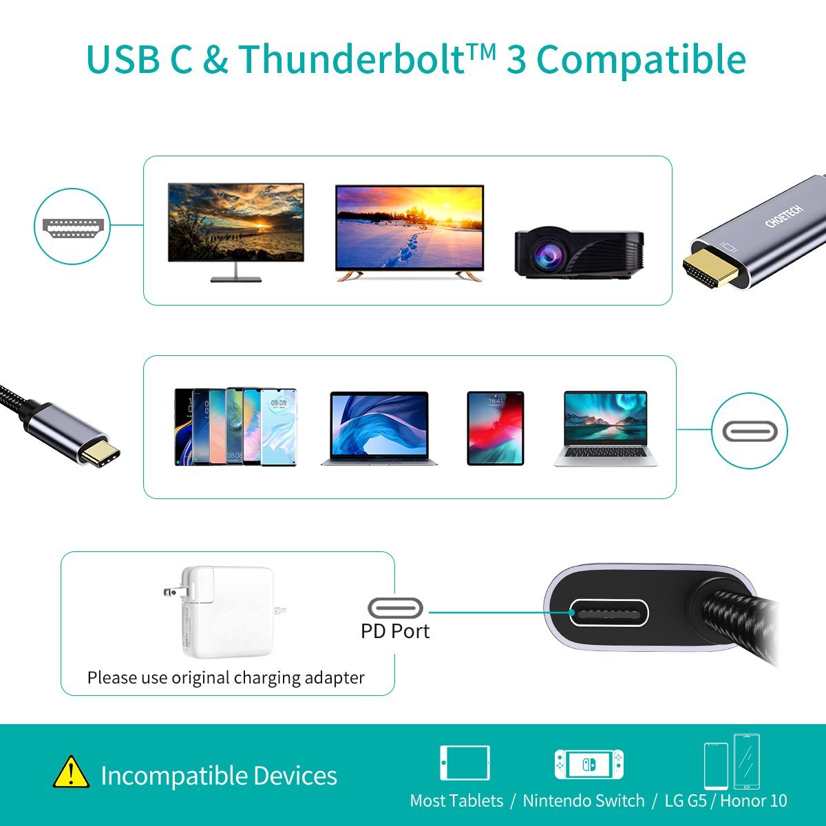 USB Type C to HDMI Adapter Cable 4K 60Hz with PD 60W Power Charging Apple Macs