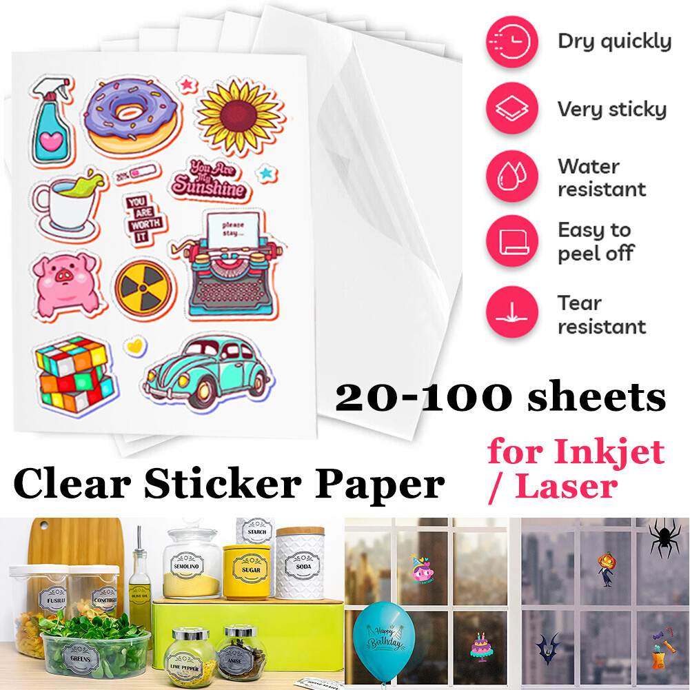 20-100 Sheet 8.5×11 Printable Clear Vinyl Sticker Paper for Inkjet Laser Printer
