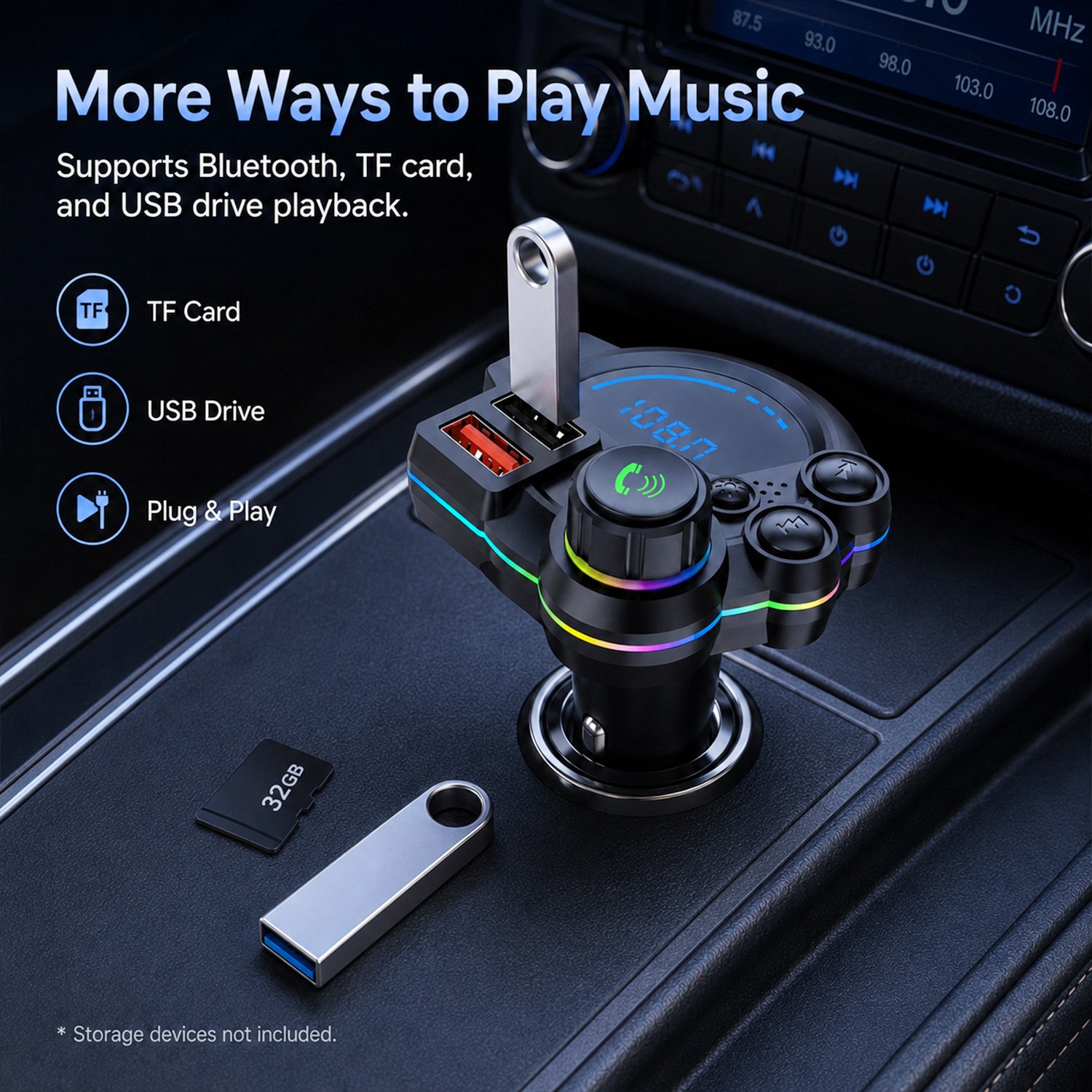 Bluetooth 5.3 Car Wireless FM Transmitter Adapter Hands Free Calling MP3 Player
