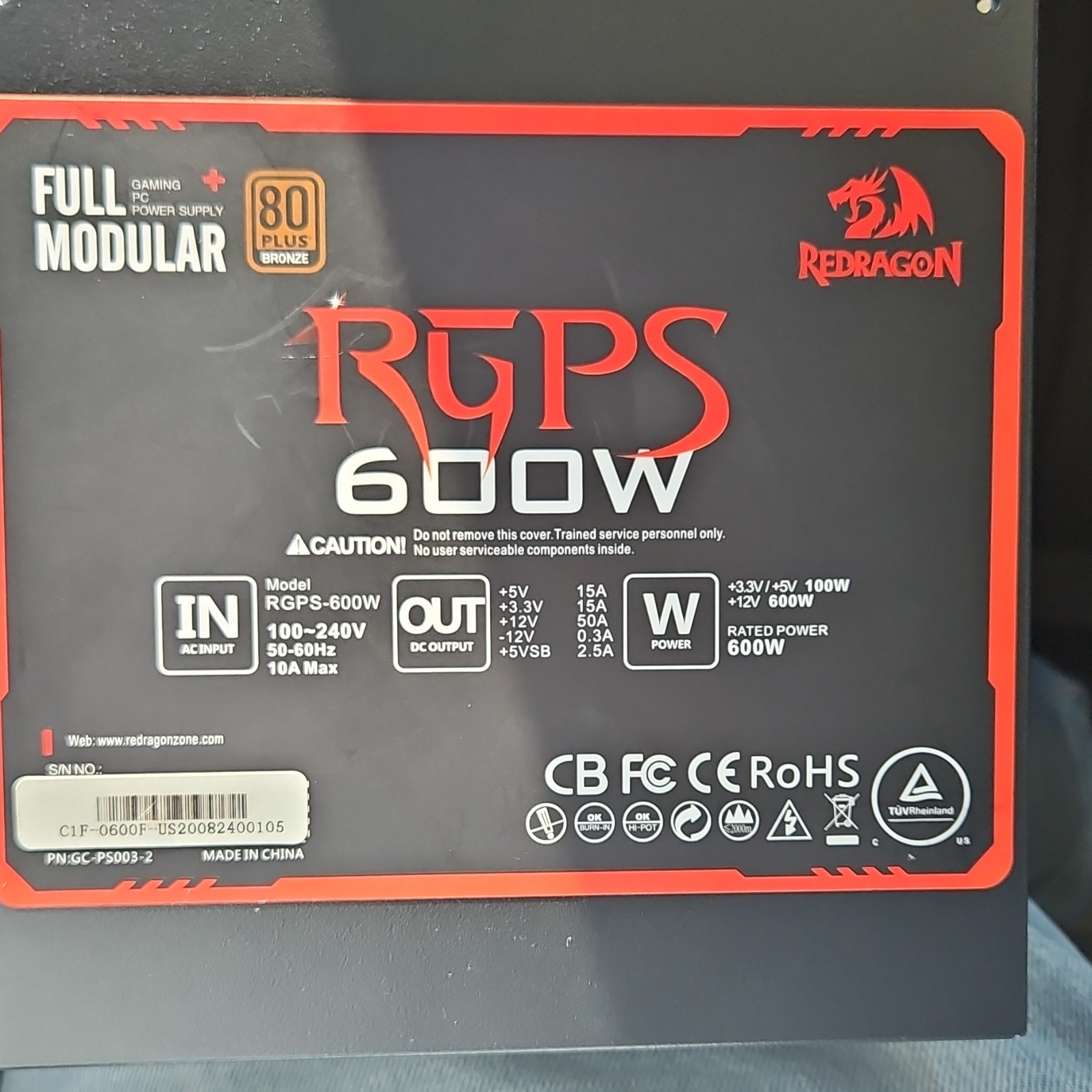 Redragon RGPS 600W ATX Power Supply Full Modular 80 PLUS Bronze Black/Red