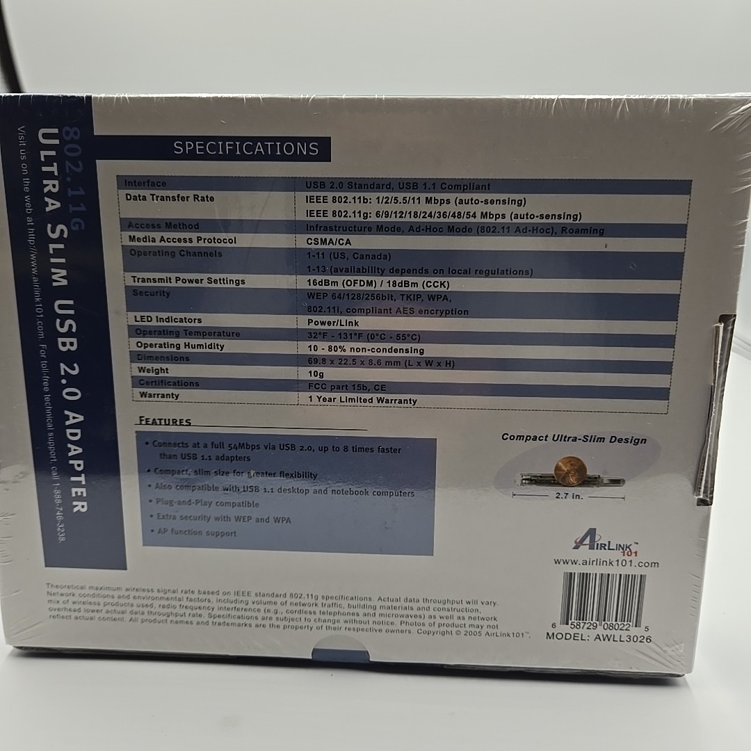 Ultra Slim USB 2.0 Adapter. 54Mbps 300MHz Processor Or Better. New