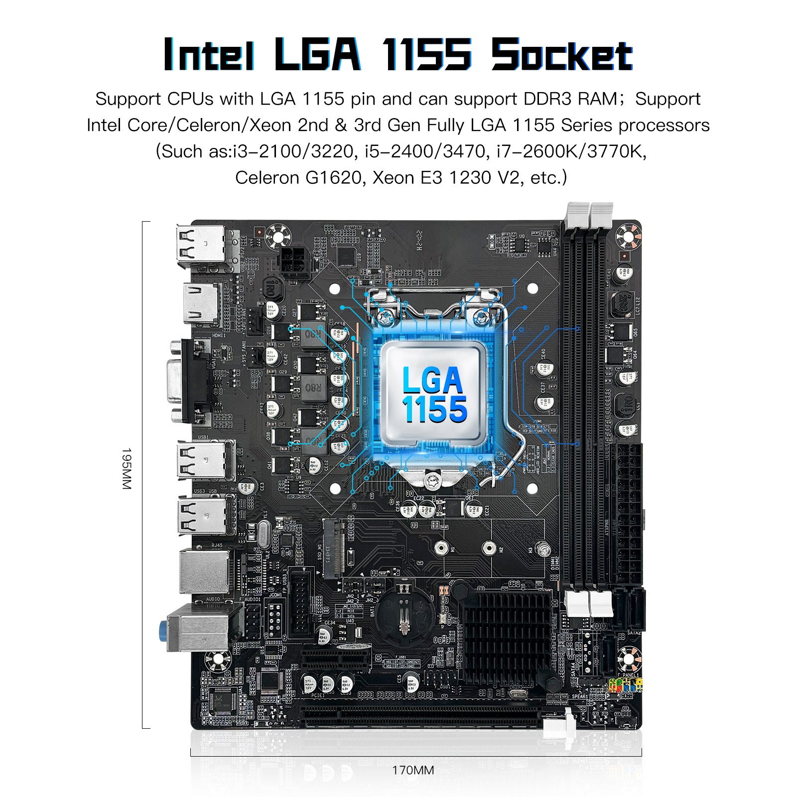 H61C Motherboard LGA 1155 2*DDR3 RAM w HDMI VGA for Intel i3 i5 i7 Core Pentium