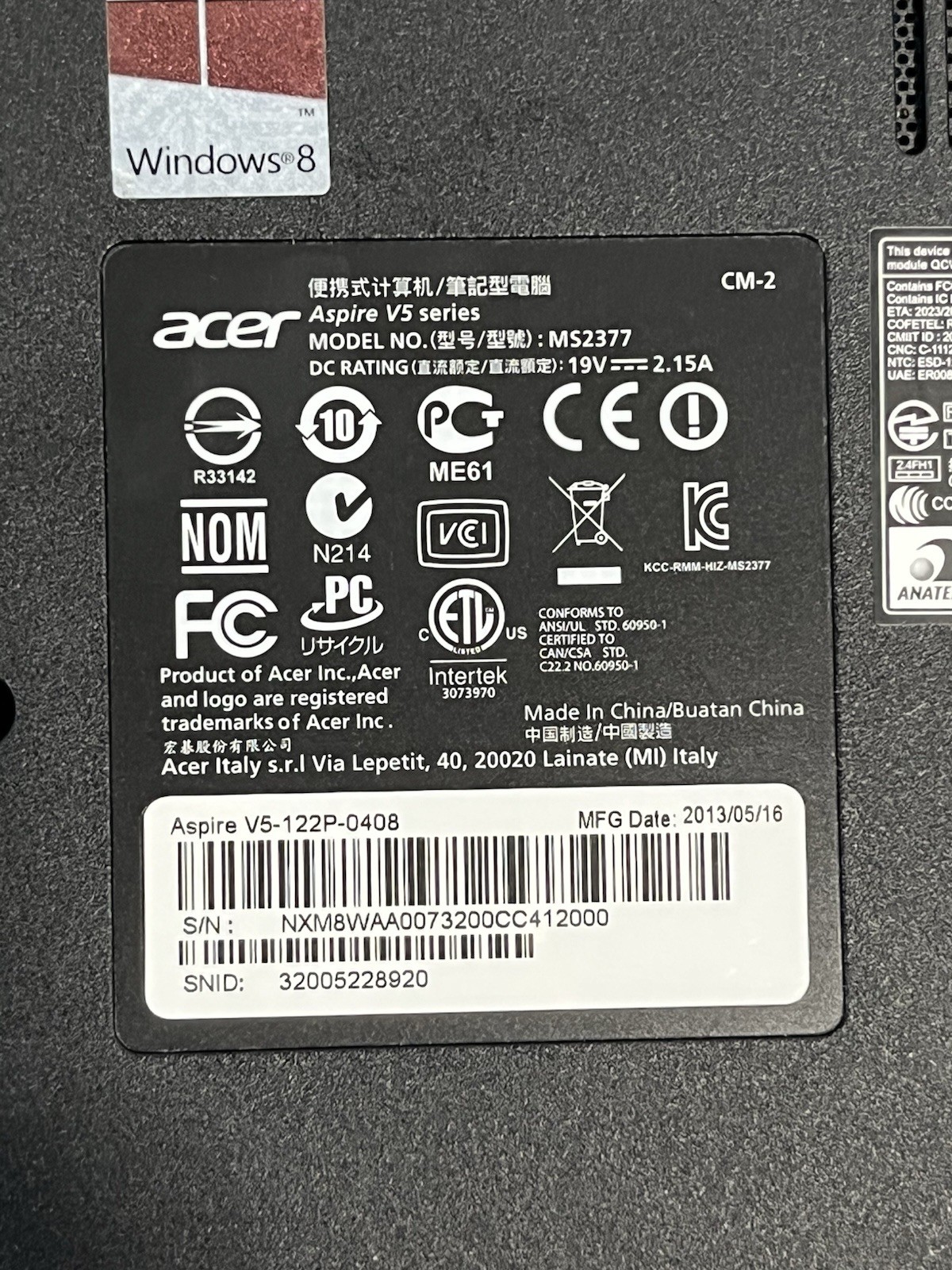 Acer Aspire V5-122P-0408 AMD A4 Touchscreen Laptop Parts Repair READ