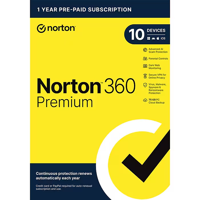 Norton 360 Premium 10 Devices 2026 VPN Antivirus Cloud Software 1 year Key card