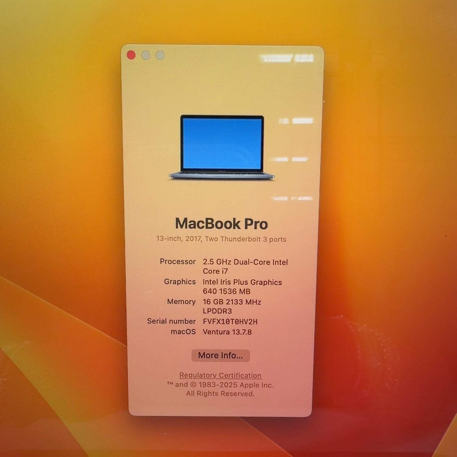 2017 Apple MacBook Pro 13.3″ i7 2.5GHz 16GB RAM 256GB SSD Space Gray BTO/CTO