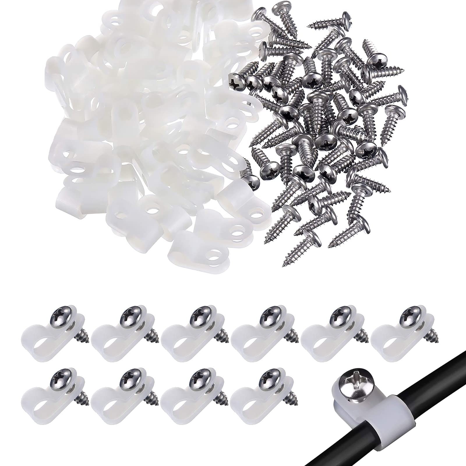 100 Pcs 1/4 Inch Rtype Cable Clips Clamp Kit Nylon Mounting Cord Fastener Clips
