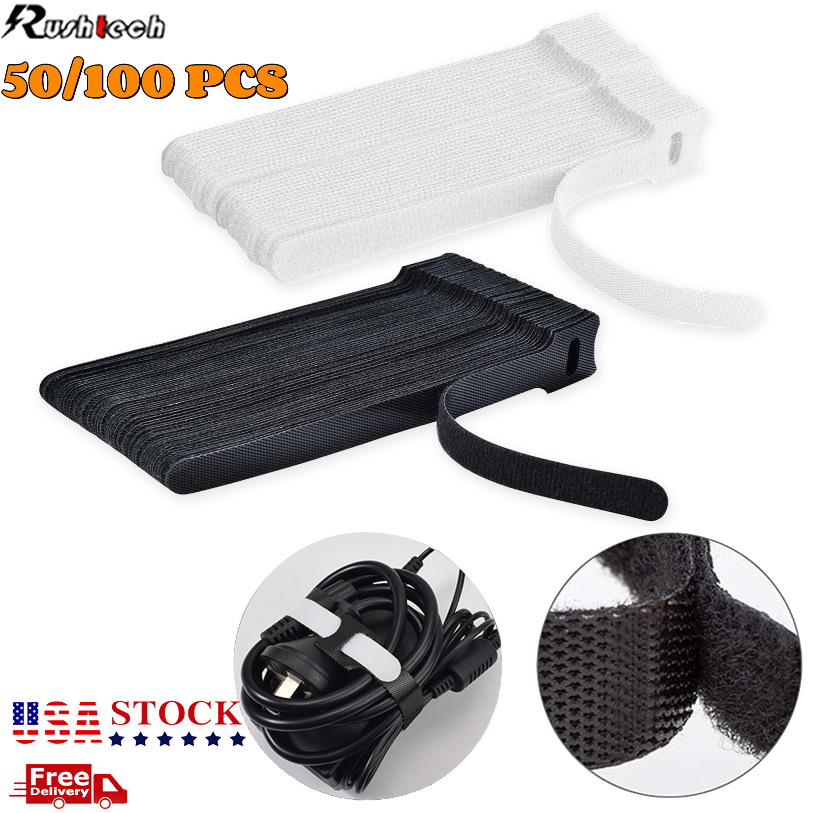 50-100 Cable Straps Black Wire Cord Hook Loop Ties Reusable Fastening Organizer