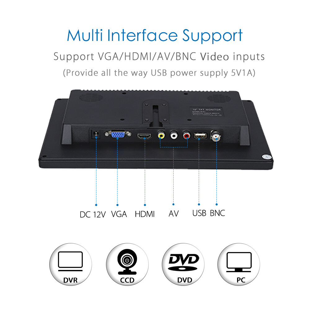 10.1″ IPS LCD CCTV Monitor Screen USB/BNC/AV/VGA/HDMI for Car/Security/PC/Laptop