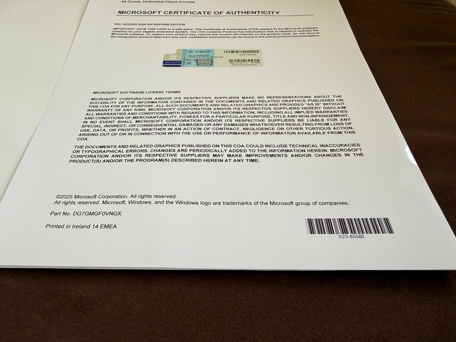 Microsoft SQL Server 2025 ENTERPRISE 40 Core Unlimited User CALs CoA GENUINE.