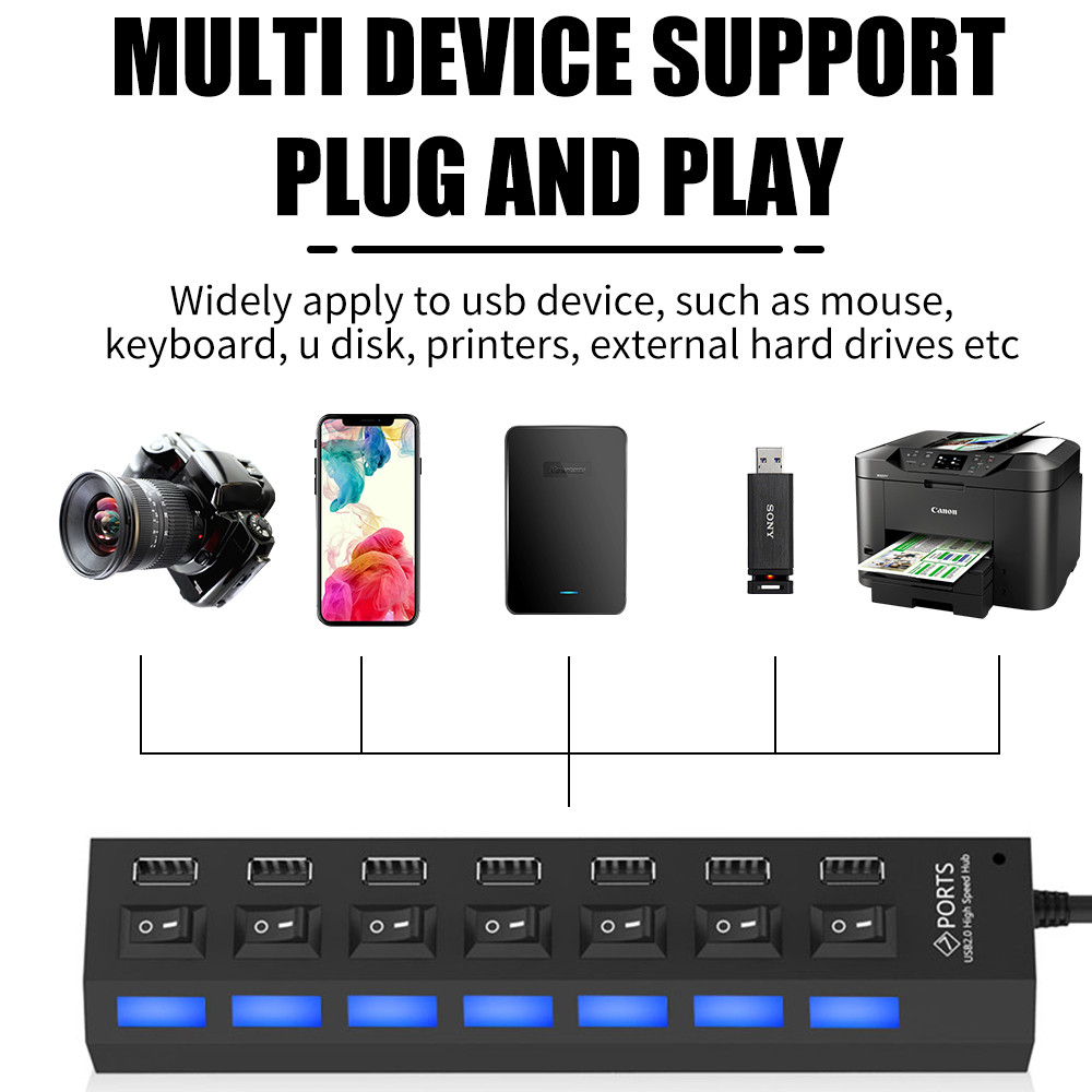 7 Port USB 2.0 / 3.0 Hub Splitter Adapter High Speed For PC Laptop Mac Desktop