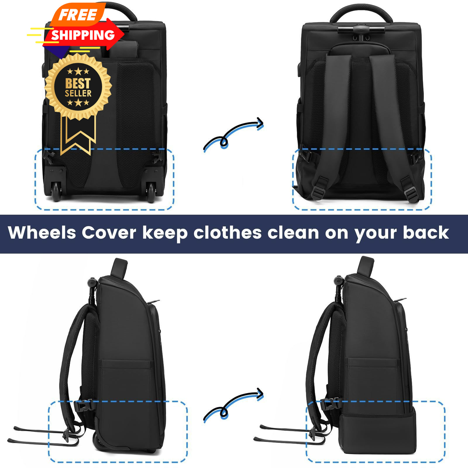 GOTECH Rolling Backpack with Wheels, Waterproof Wheeled 18x3x14 inches, Black