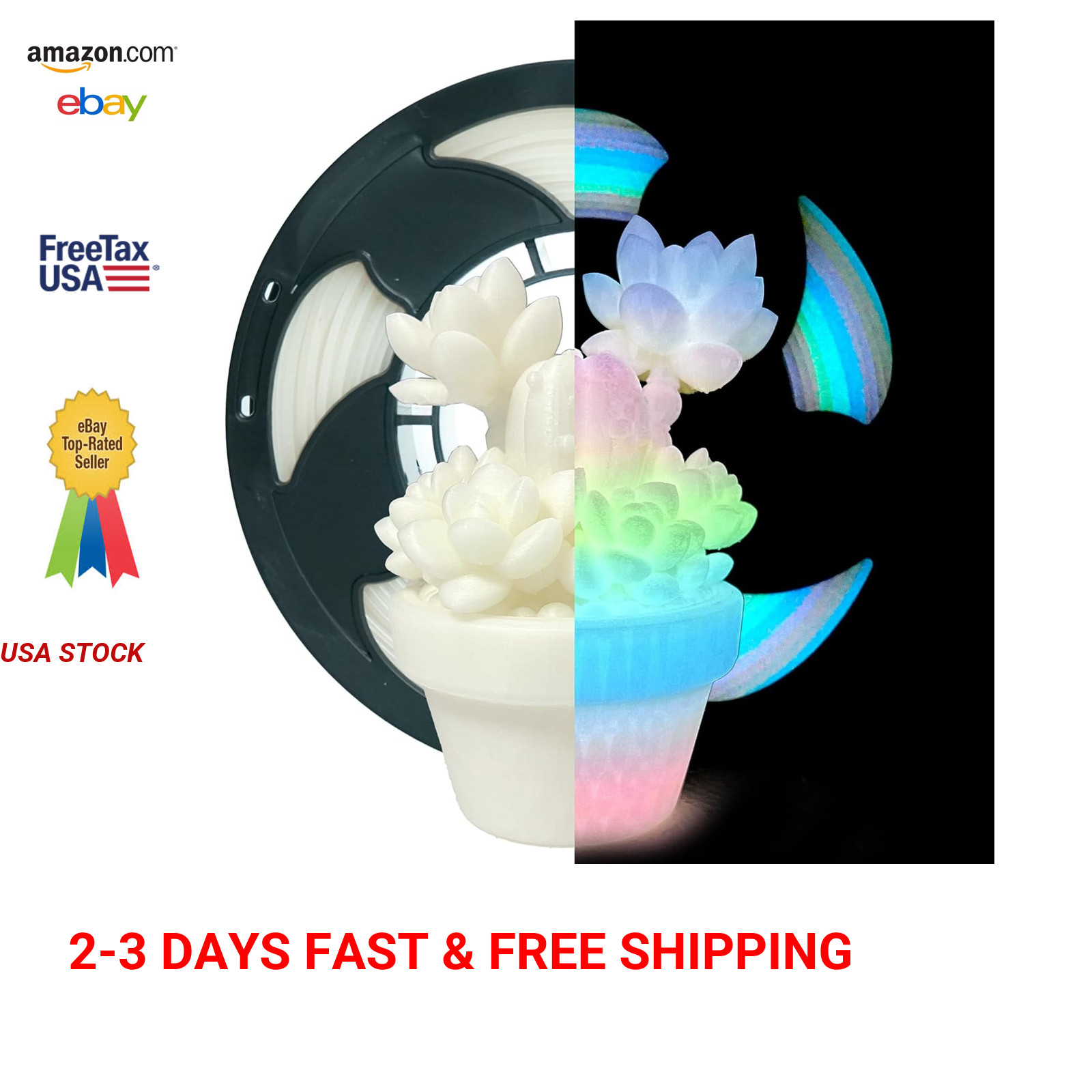 Glow in the Dark Filament Luminous Rainbow 1.75mm PLA for 3D Printing, 0.25kg