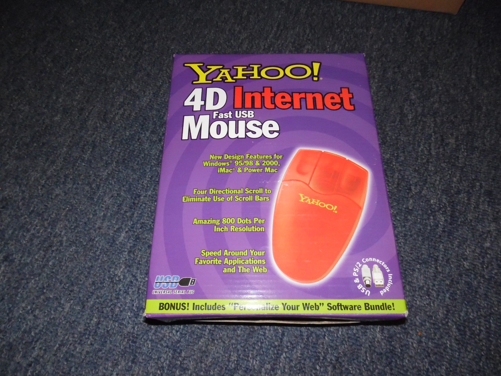 VINTAGE Yahoo! 4D USB Clear Red Mouse Three Button Ball Mouse NEW IN BOX