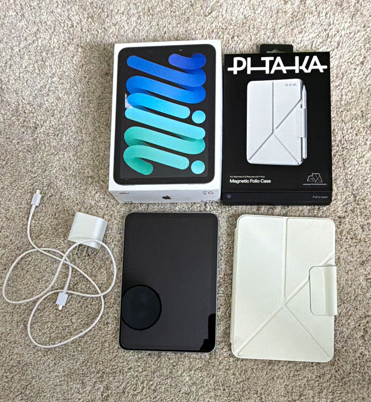 Bundle Apple iPad mini (A17 Pro) 8.3in 128GB Wi‑Fi Blue w/ Case, USB‑C Charger.