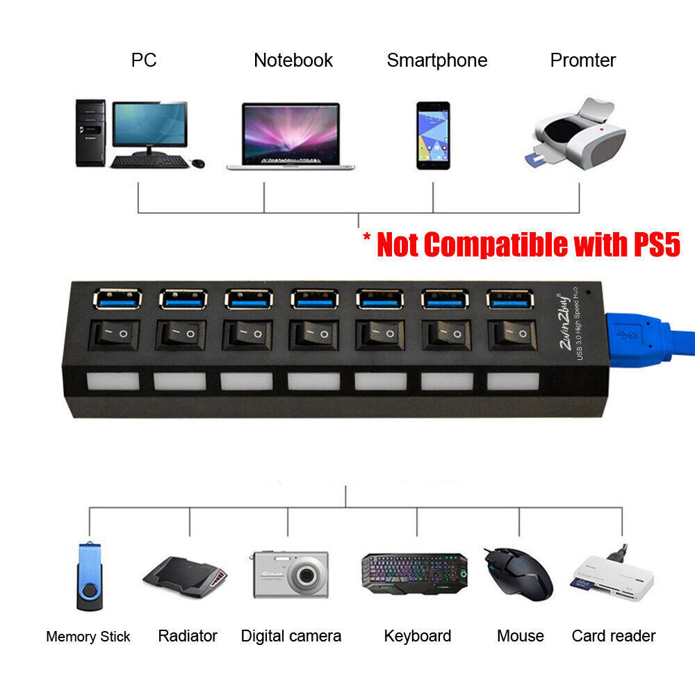 7 Port USB 3.0 Hub High Speed Splitter Box Power Adaptor Charger ON/OFF Switch