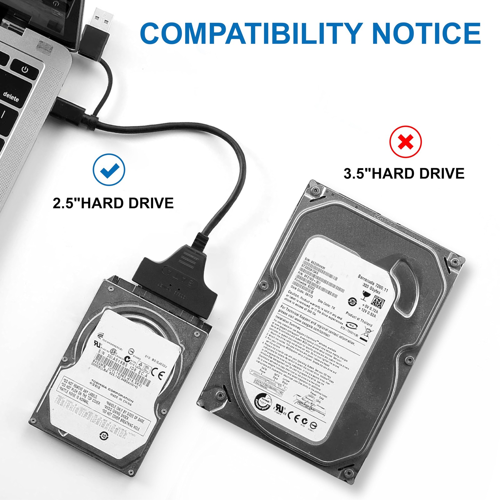 SATA to USB 3.0 Adapter Cable 0.7FT，Black，USBC/USBA 3.0 to SATA III Hard Driv…