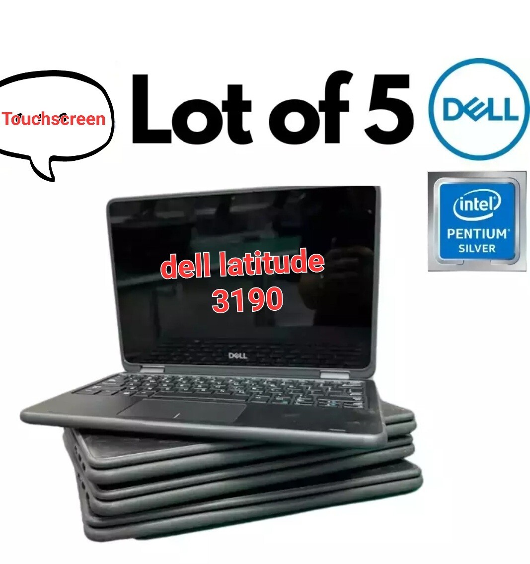 Lot of 5 Dell Latitude 3190 2-in-1 Pentium Silver 1.1GHz 11″ 4GB RAM 128GB SSD