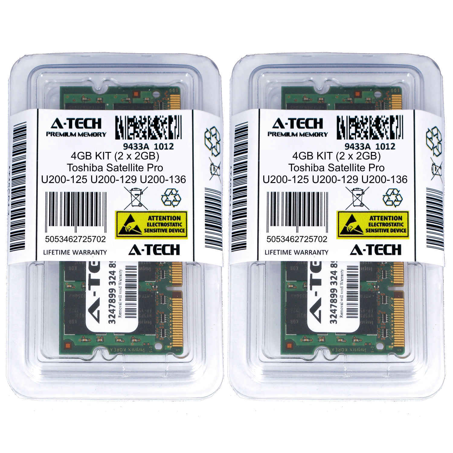4GB KIT 2 x 2GB Toshiba Satellite Pro U200-125 U200-129 U200-136 Ram Memory