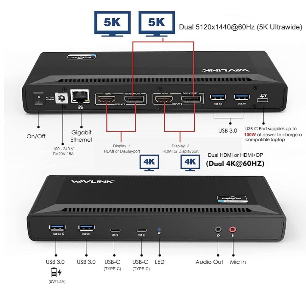 USB C Docking Station DisplayLink Dock 2/3 Monitors HDMI DP 4K 60Hz w/Charging