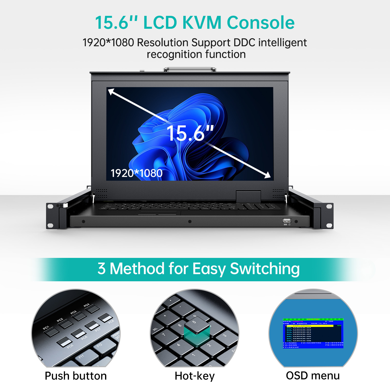 MT-VIKI 15.6″ LCD KVM Switch Console 8 port VGA, 1U Rackmount 23.6-31.5′ Deepth