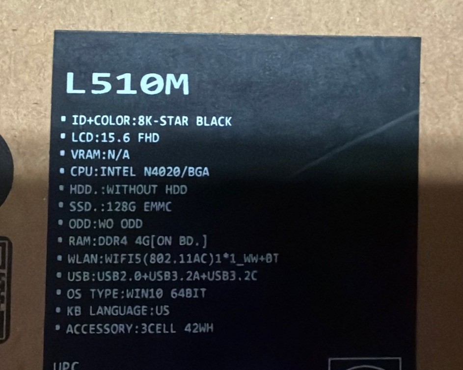 ASUS L510 15.6″ (128GB Intel Celeron N4020 1.10GHz 4GB) Laptop – Black BNIB