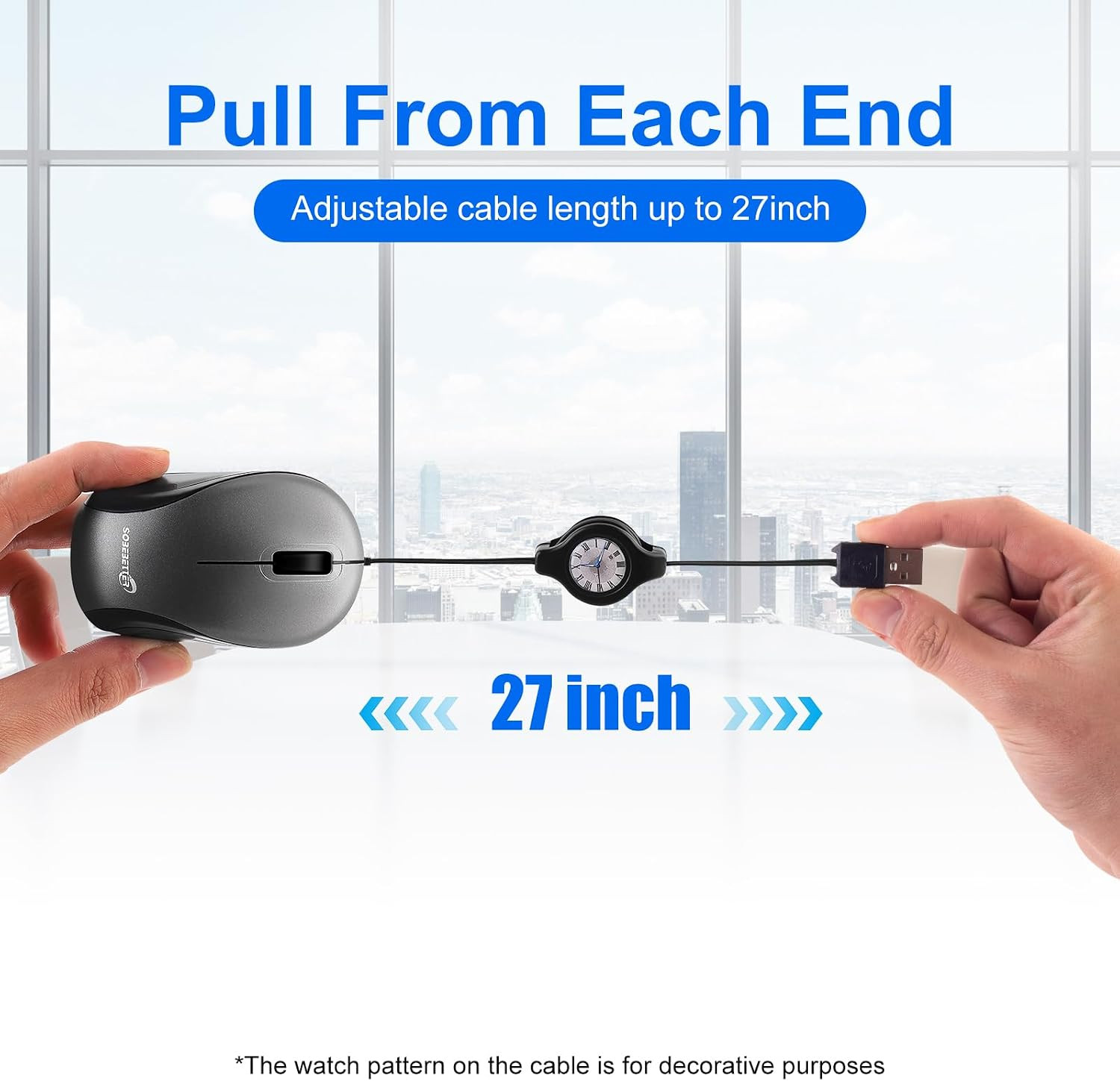 USB Wired Mini Mouse,Small Travel Mice Corded with Retractable Cable-Gray