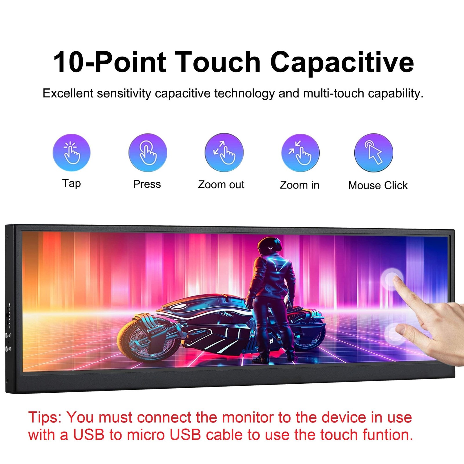 12.6 Inch Mini Touch Screen Monitor Secondary Screen FHD IPS Stretched Bar Lcd D