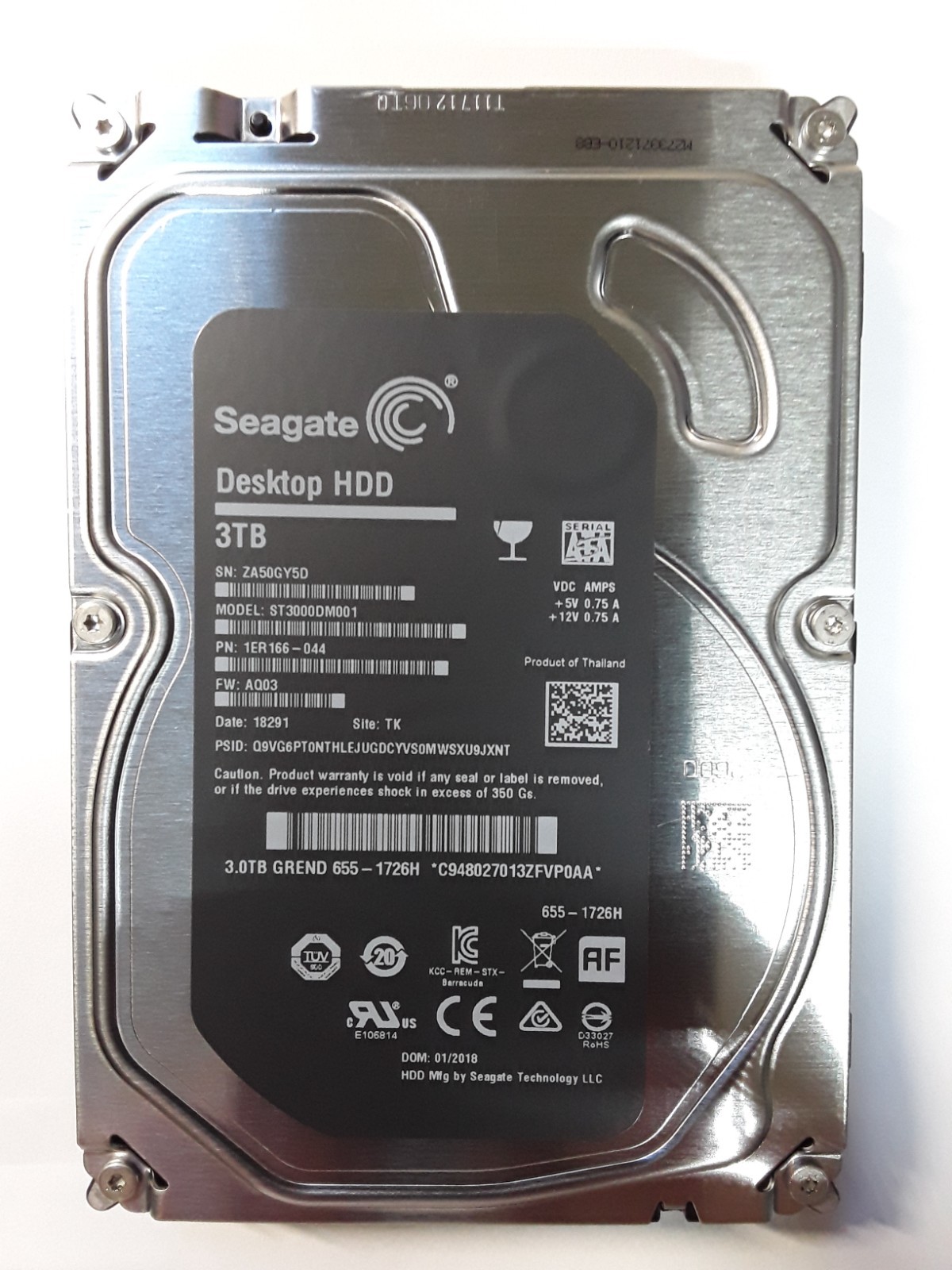 114–SEAGATE 3TB SATA HARD DRIVE, ST3000DM001, 100% HEALTH