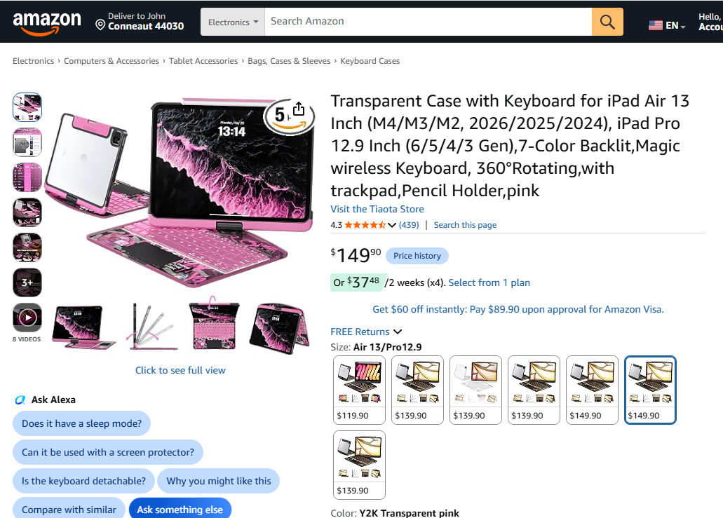 Transparent Keyboard Case for iPad Air 13 iPad Air 13″/iPad Pro 12.9″ Pink $149