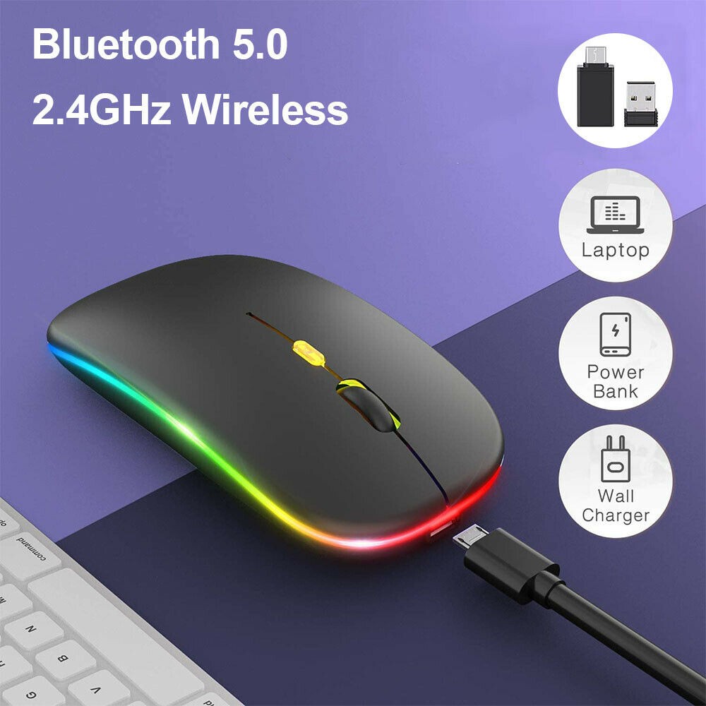 Rechargeable Slim Wireless Bluetooth 5.1 Mouse Dual Mode LED Mice iPad Laptop PC