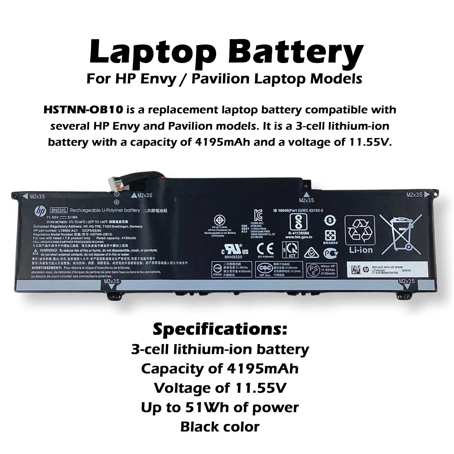 Genuine HP Envy Battery BN03XL 13m-bd0023dx 11.55V 51Wh L77034-005 L76965-271