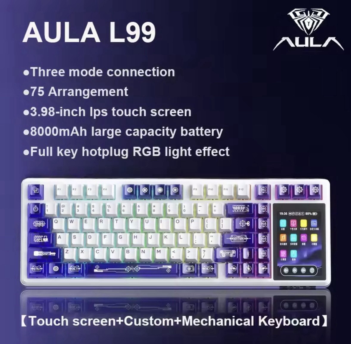 Mechanical Keyboard for Gamers & Creators—L99 3.98″ IPS touchscreen(84-Key)White