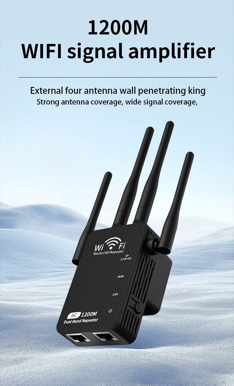 WiFi Extender Booster 1200Mbps, Dual Band 5GHz/ 2.4GHz with 3 Modes/4 Antennas