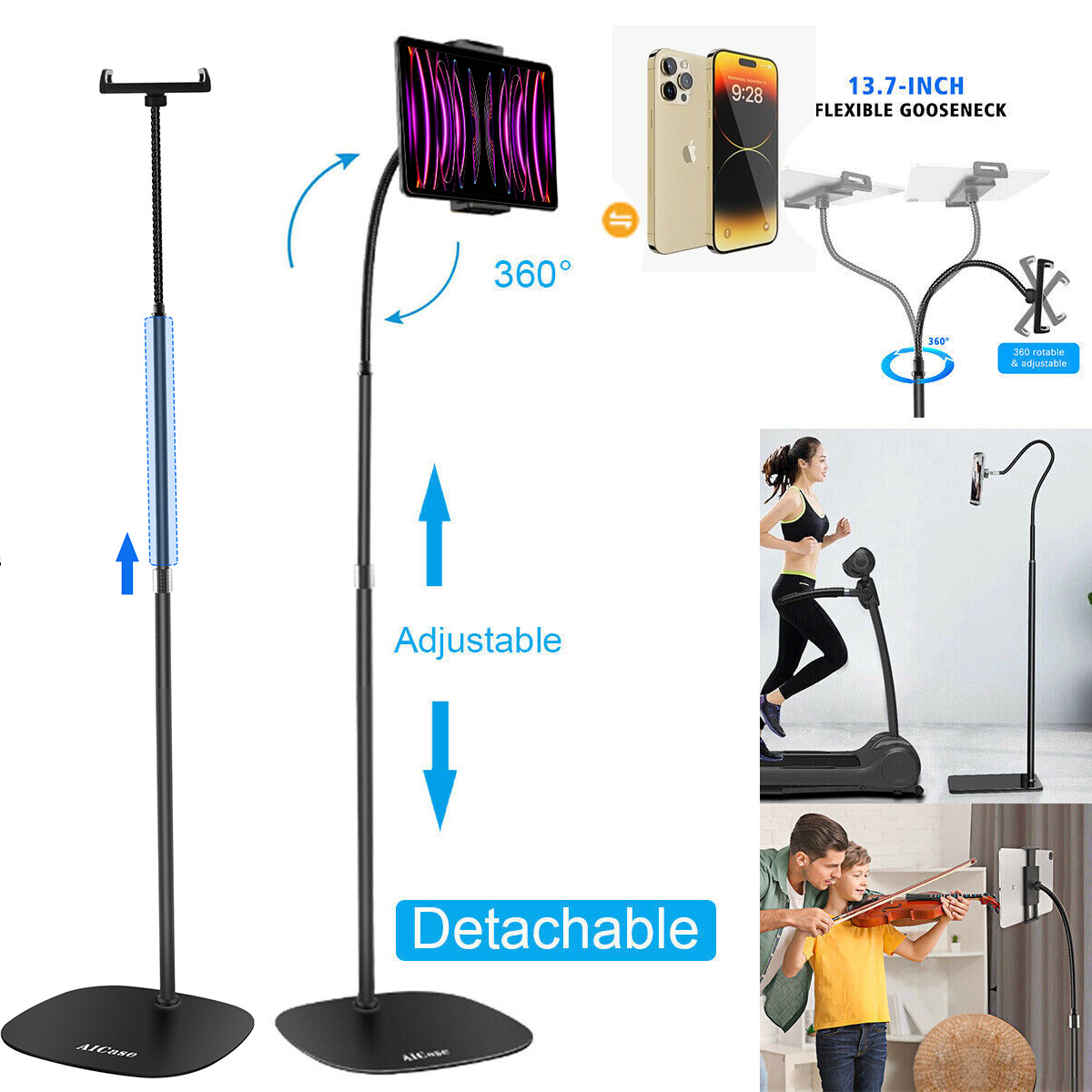 360° Adjustable Height Cell Phone Tablet iPad Gooseneck Holder Mount Floor Stand