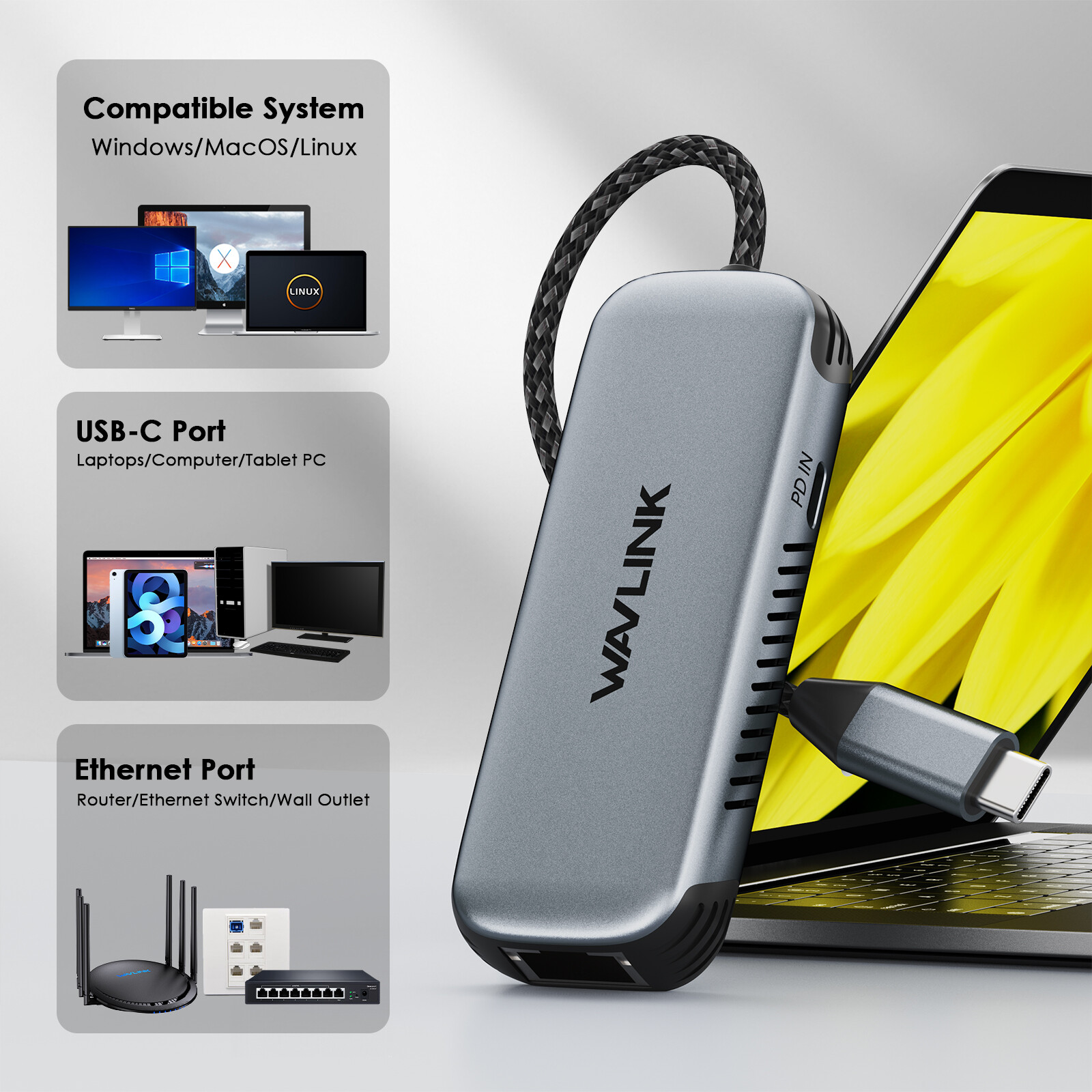 Wavlink USB-C to 5G Ethernet Adapter with 95W Charging, Driver-Free for Mac/Win
