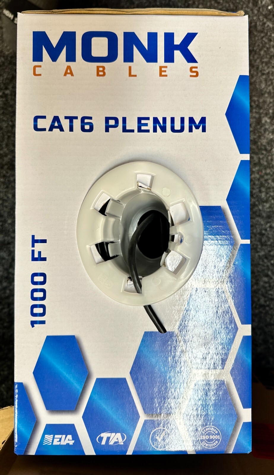 Monk Cables CAT6 Plenum 1000Ft Black 23AWG Bulk Ethernet Cable