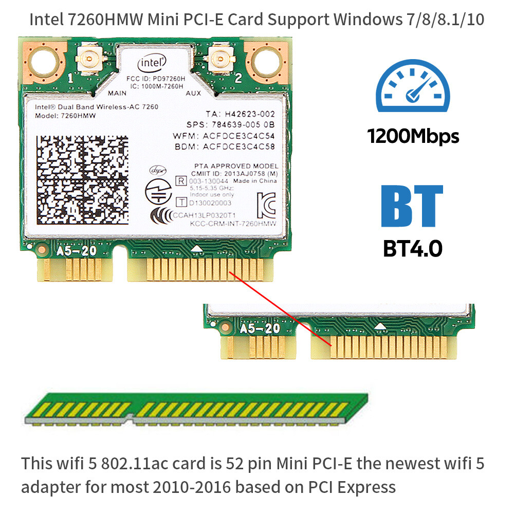 Intel Dual Band Wireless AC7260 WiFi Bluetooth Mini PCIe Wifi Card for PC Laptop