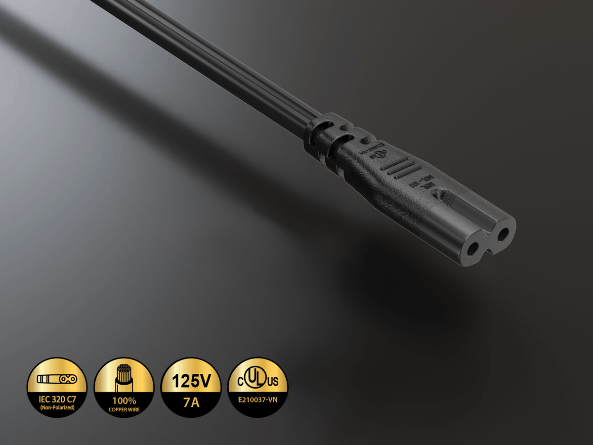 10ft Ultra Low Profile NEMA 1-15P Angled to C7 Non-Polarized Power Cord 18AWG…