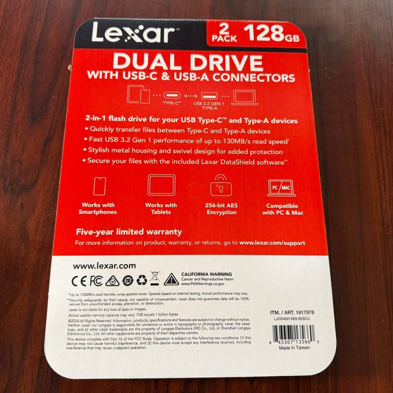 Lexar 2-Pack 128GB Dual Flash Drive USB 3.2 Gen1 : USB-C & USB-A – New Sealed