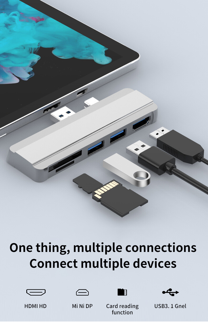 5V USB 3.0 Micro SD SDHC Hub DP To HDMI Converter Adapter For Surface Pro 4/5/6;