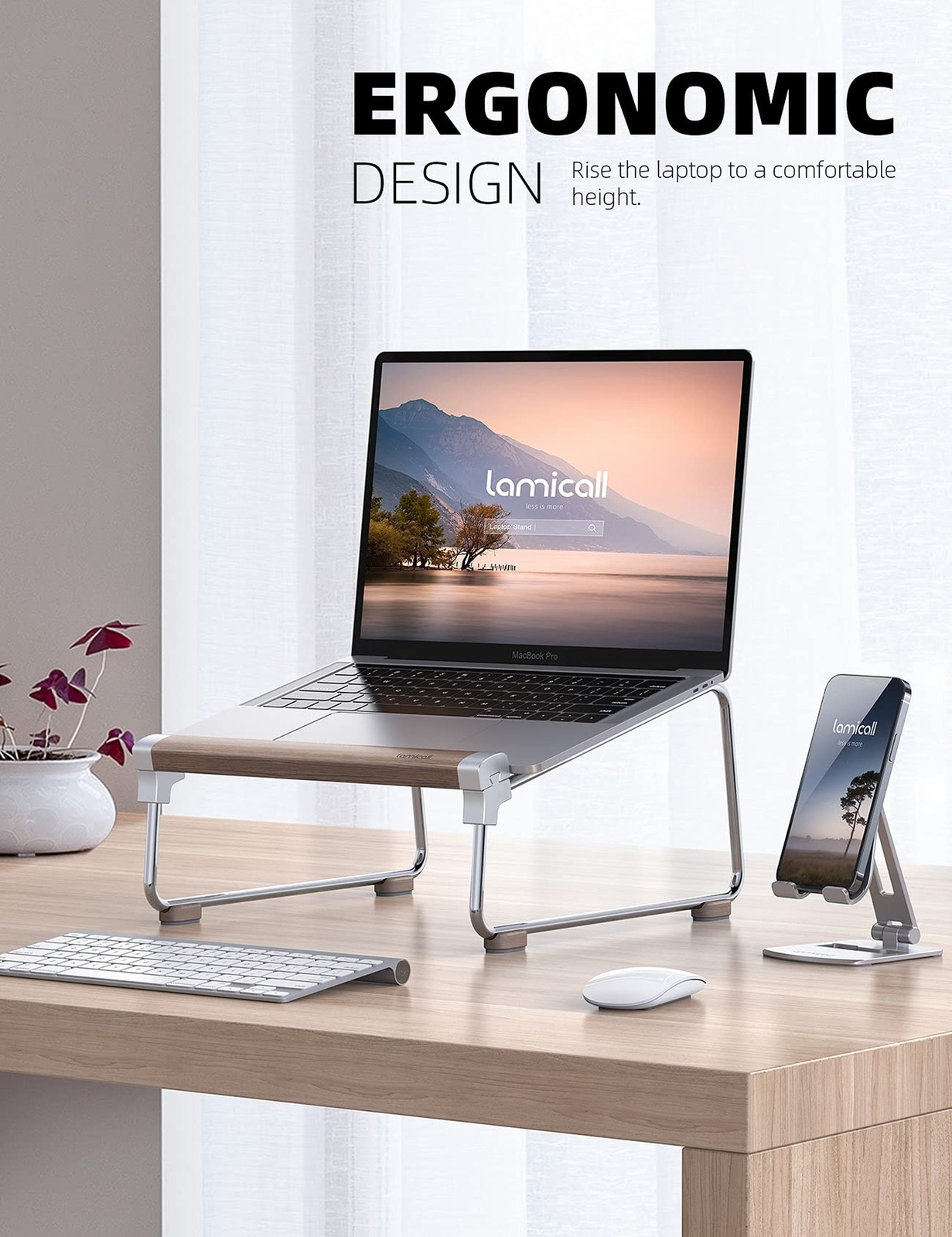 Lamicall Laptop Stand for Desk – Aluminum and Walnut Desktop Notebook Stand H…