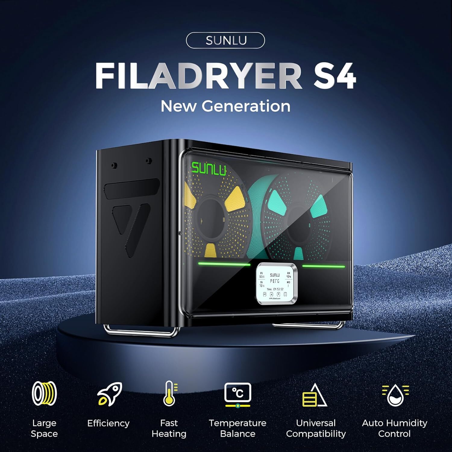 SUNLU S4 Filament Dryer Box with 3 Fan Max 4*1KG Spools 1.75/2.85/3mm ABS/PETG