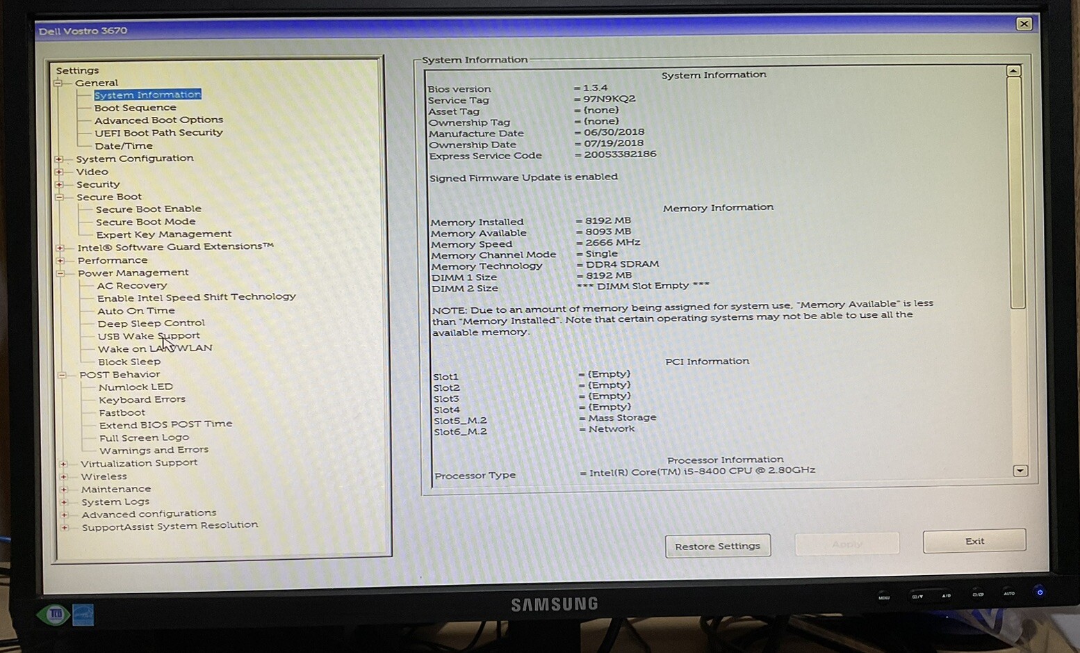 Dell Vostro 3670 (i5-8400, 2.80 GHz, 8 GB RAM, 256 GB M.2), Service Tag, 97N9KQ2