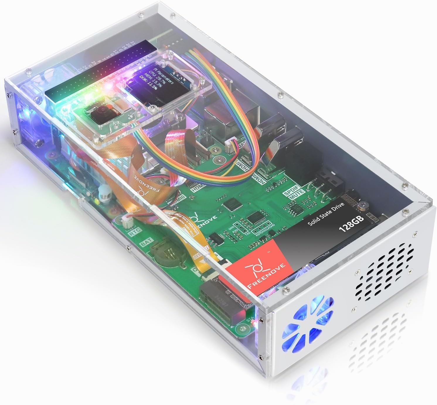 Ultimate Raspberry Pi 5 Case: 128GB SSD, Active Cooling, OLED, Camera, Stereo